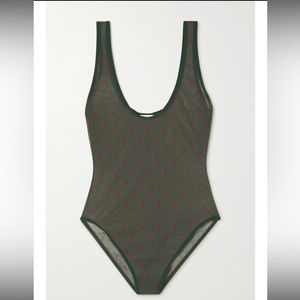 AUTHENTIC PREOWNED SAINT LAURENT PRINTED TULLE BODYSUIT -GREEN/burgundy sz Small